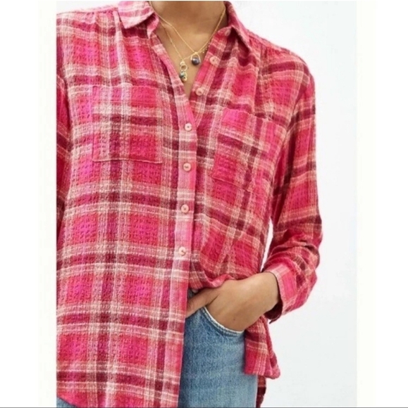 Anthropologie Pilcro Hadley Relaxed Pink Plaid Button Up Small - Picture 6 of 16